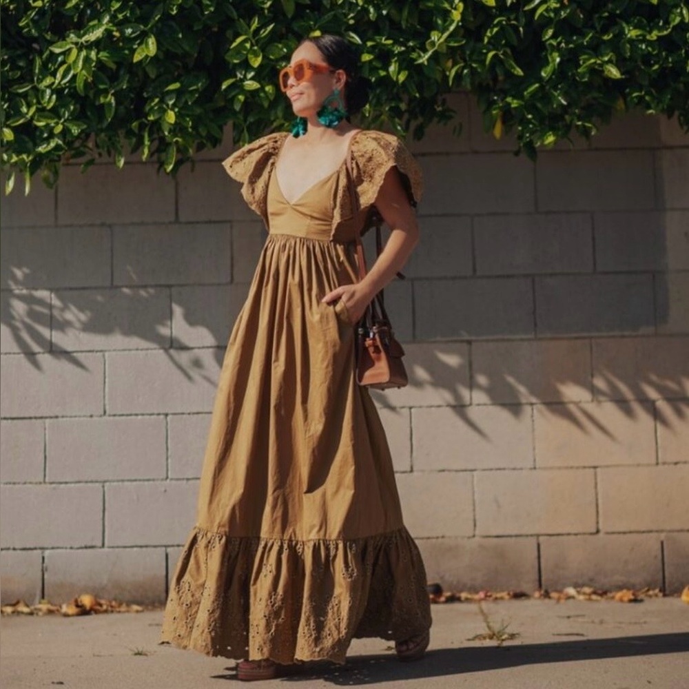 En Saison Anthropologie Flowy Tan Eyelet Boho Maxi Dress Size XS